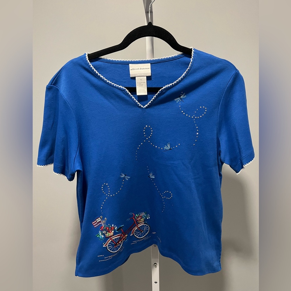 Alfred Dinner Blue Bike For Freedom Embroidery Knit Cotton Blend Top Size PM